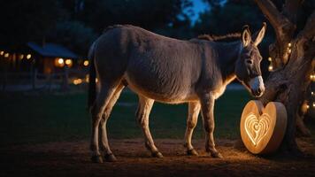 A donkey stands beside a heart-shaped light decoration in a serene evening setting. photo