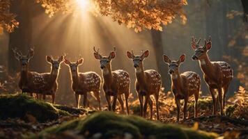 A serene forest scene with a group of deer illuminated by sunlight through autumn leaves. photo