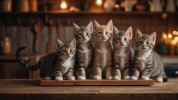 Five adorable kittens sitting together on a wooden surface in a cozy setting. photo