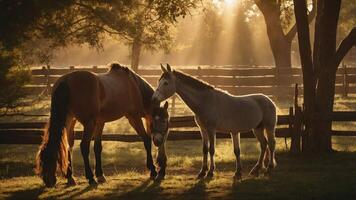 Two horses in a serene pasture, illuminated by soft sunlight filtering through trees. photo