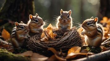 Four chipmunks gathered around a nest in a forest, surrounded by autumn leaves. photo