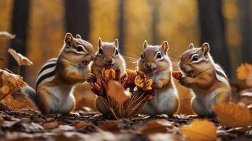 Four chipmunks gather around a bouquet of autumn leaves in a forest setting. photo