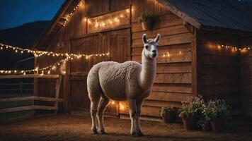 A charming llama stands in front of a rustic barn adorned with string lights at dusk. photo