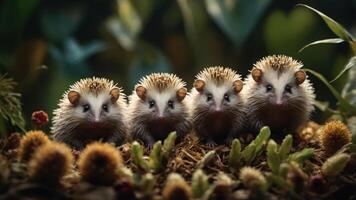 Four hedgehogs sitting together in a natural setting, showcasing their unique features. photo