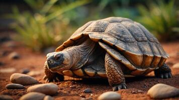 A close-up of a turtle on a sandy surface surrounded by small stones and greenery. photo