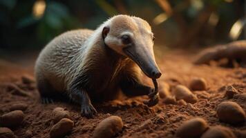 A close-up of a cute animal foraging in the soil among small brown objects. photo