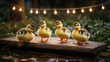 Four fluffy ducklings standing on a log by a stream, illuminated by string lights. photo