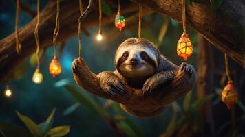 A sloth hangs playfully from a tree, surrounded by colorful lights in a lush environment. photo