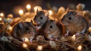 Four adorable mice nestled in a nest surrounded by soft lights and flowers. photo