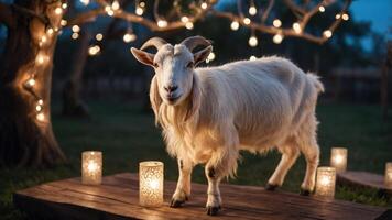 A goat stands on a wooden platform surrounded by candles and string lights at dusk. photo