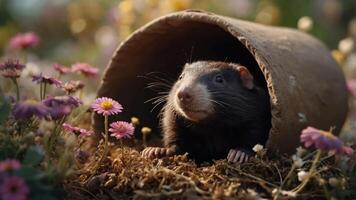 A small animal peeks out from a flower-filled garden, creating a serene and playful scene. photo