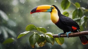A vibrant toucan perched on a branch during a rain shower, showcasing its colorful beak. photo