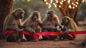 Four baboons sitting together, holding a red ribbon in a natural setting with lights in the background. photo