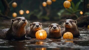 Four otters play with lanterns in a serene, illuminated water setting. photo