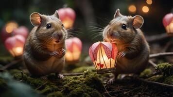 Two hamsters holding a lantern amidst a whimsical, illuminated forest setting. photo