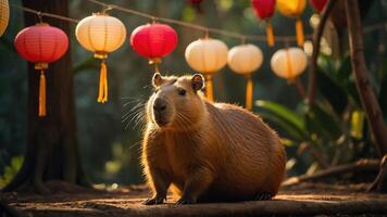 A capybara sits peacefully under colorful lanterns in a serene, nature-filled setting. photo