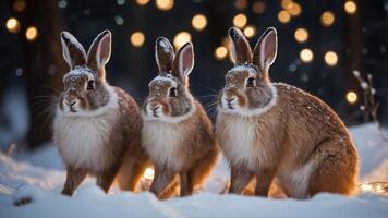 Three rabbits sitting in the snow with soft glowing lights in the background. photo