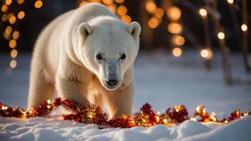 A polar bear interacts with festive decorations in a snowy landscape. photo