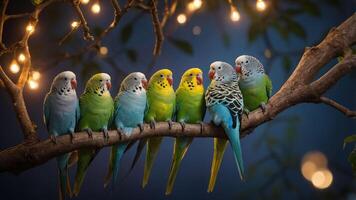 A vibrant group of colorful budgerigars perched on a branch with soft glowing lights. photo