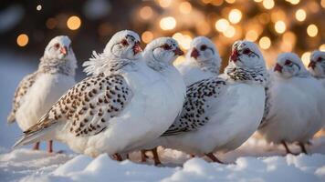 A group of plump, white birds with spotted feathers standing on snow, with festive lights in the background. photo