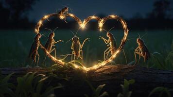 A whimsical scene of crickets forming a heart shape with lights, celebrating nature and connection. photo