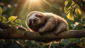A sloth lounging on a branch, illuminated by sunlight filtering through leaves. photo