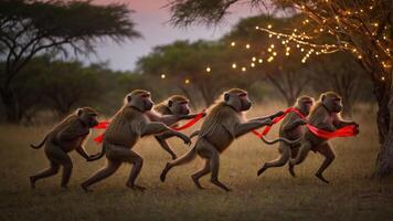 A group of baboons playfully running with red ribbons in a scenic landscape at dusk. photo