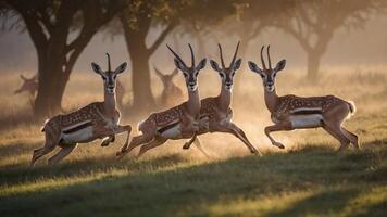 A group of four deer leaping gracefully in a sunlit meadow. photo