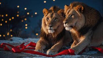 Two lions resting together with red ribbons and a soft bokeh background. photo