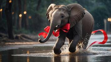 An elephant joyfully running through water with a red ribbon around its neck. photo