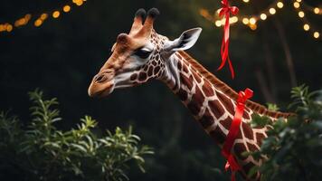 A giraffe adorned with red ribbons stands amidst greenery and festive lights. photo