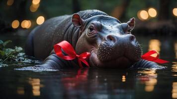 A hippo adorned with red ribbons lounging in water, surrounded by soft lights. photo