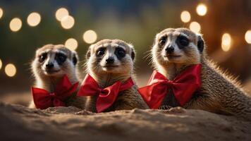 Three meerkats wearing red bows, posed against a blurred background of lights. photo