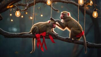 Two monkeys on a branch, adorned with red bows and surrounded by glowing lights. photo