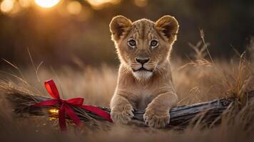 A playful lion cub rests on a branch, adorned with a red ribbon, in a sunlit savanna. photo