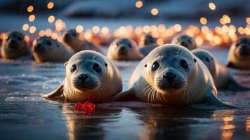 A group of seals resting on ice, illuminated by soft lights in the background. photo