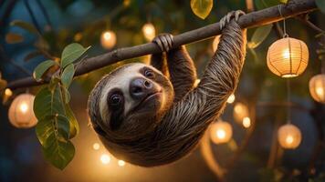 A sloth hanging from a branch adorned with glowing lanterns in a serene setting. photo