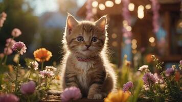 A cute kitten surrounded by colorful flowers in a sunny garden setting. photo