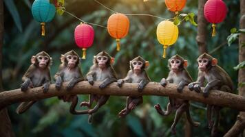 Six monkeys sitting on a branch under colorful lanterns in a lush environment. photo