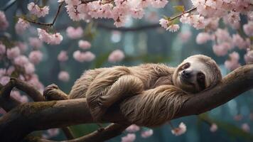 A sloth relaxing on a branch surrounded by cherry blossoms in a serene forest setting. photo