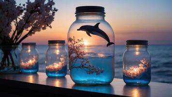 A serene sunset scene featuring jars with dolphins and cherry blossoms, creating a tranquil ambiance. photo