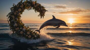 A dolphin leaps through a floral arch at sunset, creating a serene and magical scene. photo