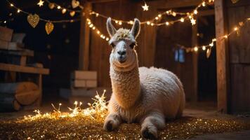 A cozy llama adorned with decorations in a warmly lit barn setting. photo