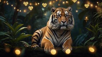 A majestic tiger rests in a lush, illuminated jungle setting with heart-shaped lights. photo