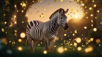 A zebra stands in a magical setting with stars and hearts around it at sunset. photo