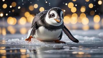 A playful penguin waddles across the ice, surrounded by sparkling lights. photo