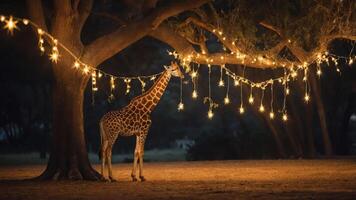 A giraffe stands under a tree adorned with glowing lights at night. photo