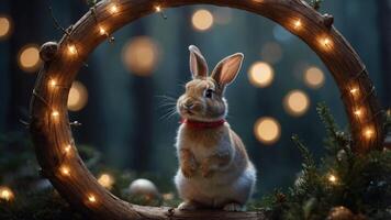 A charming rabbit sits in a festive setting adorned with lights and greenery. photo