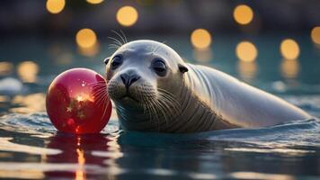 A seal floating in water with a festive red ball, surrounded by soft bokeh lights. photo