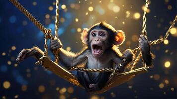 A playful monkey swings joyfully on a rope, surrounded by a magical, sparkling backdrop. photo